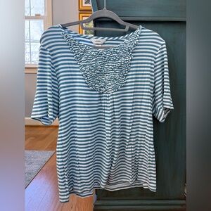 CJ Banks Blue and White Striped Tee with Ruffle Accent
